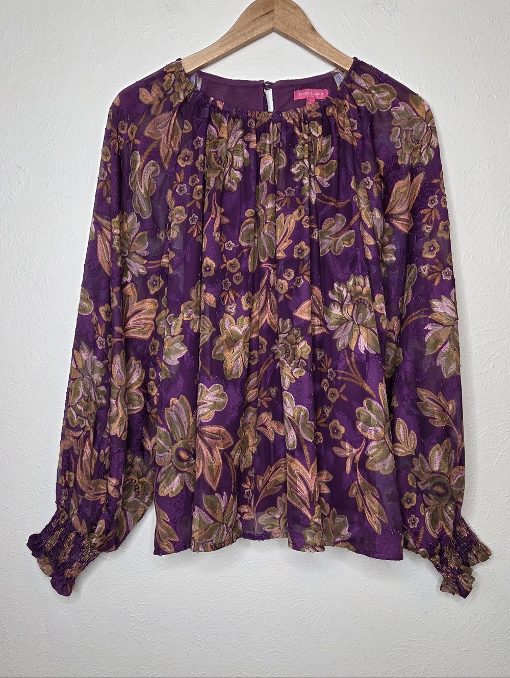 Flying Tomato New River Purple Floral Sheer Blouse Size L Whimsigoth Boho Fairy